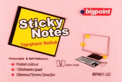 Bigpoint Yapışkanlı Not Kağıdı 50x75mm Pembe - 1