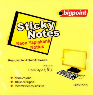 Bigpoint Yapışkanlı Not Kağıdı 75x75mm Neon Sarı - 1